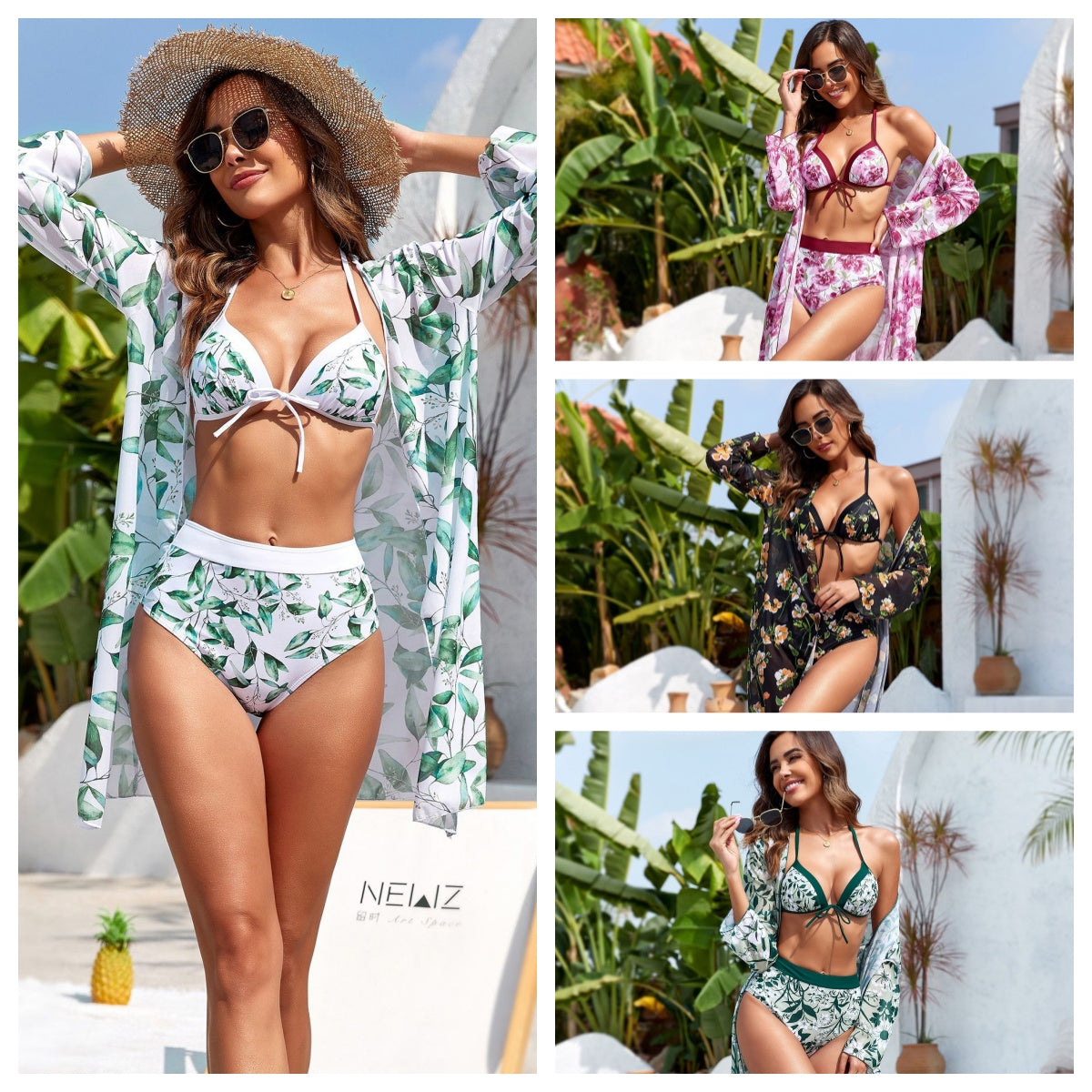 EcoVie Costum de baie 3 piese cu model floral Bikini