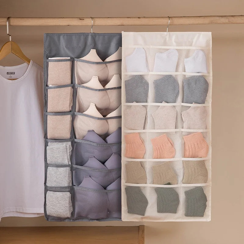 Double-sided hanging storage bag.